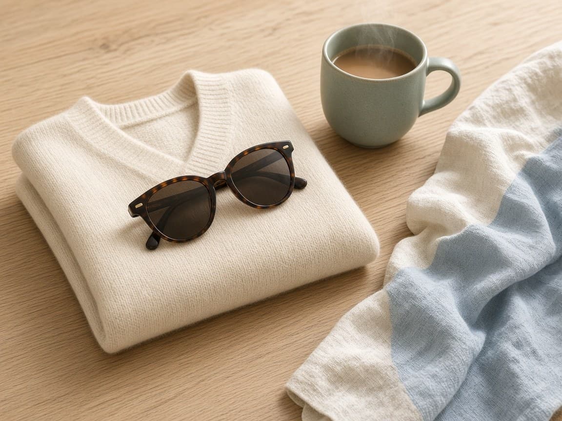 Sweater, mug, and sunglasses on a wood table